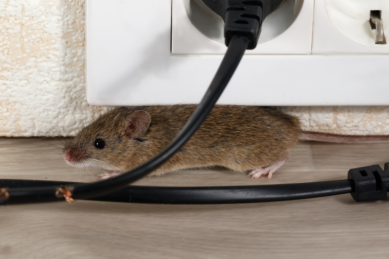 Closeup the mouse lies in corner behind broken wire. Inside high-rise buildings. Fight with mice in the apartment. Extermination. Small DOF focus put to mouse, common household pest